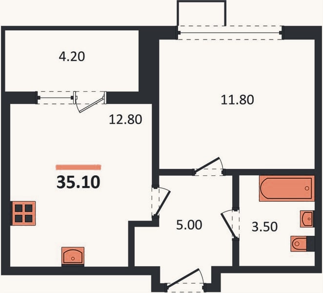 Планировка: 1-к, 35,1 м²