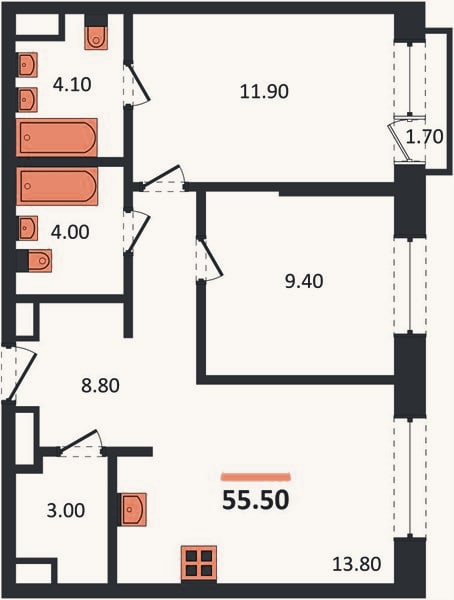 Планировка: 2-к, 55,5 м²