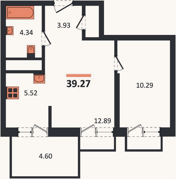 Планировка: 1-к, 39,3 м²