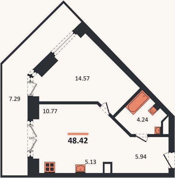 Планировка: 1-к, 48,4 м²