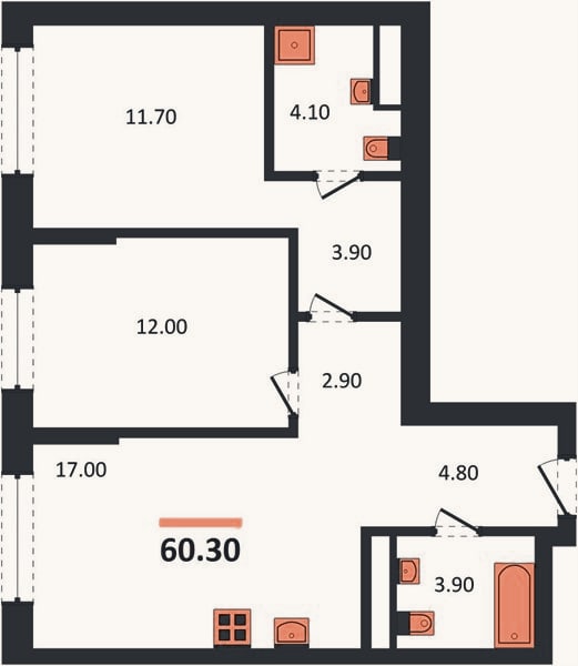Планировка: 2-к, 60,3 м²