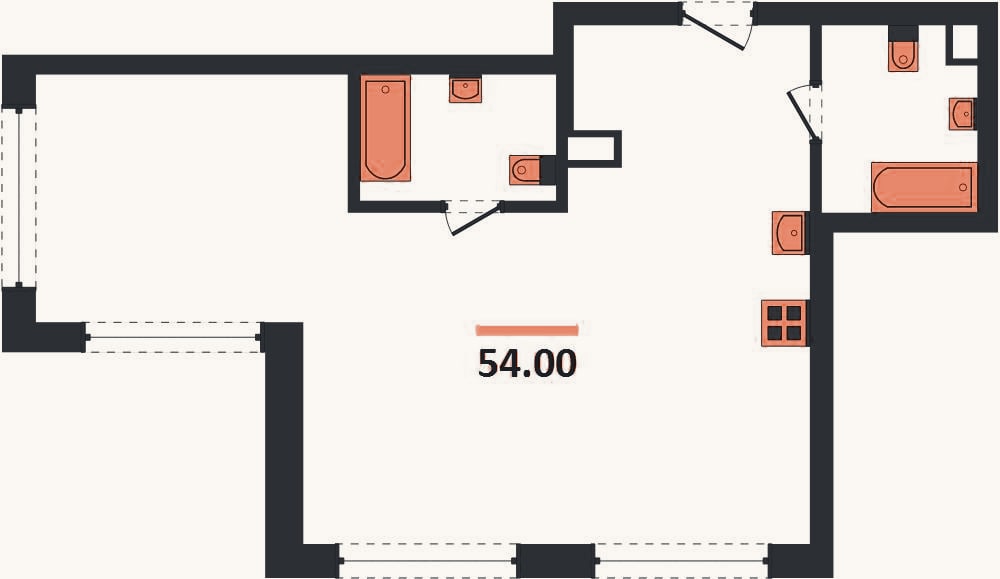 Планировка: 2-к, 54 м²