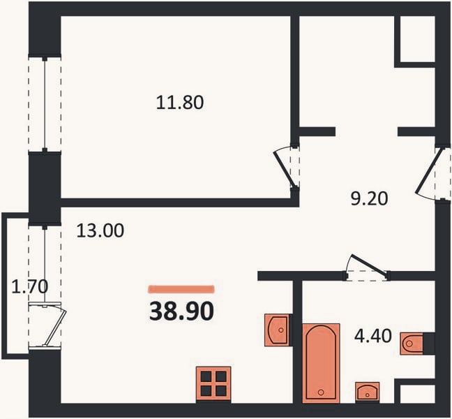 Планировка: 1-к, 38,9 м²