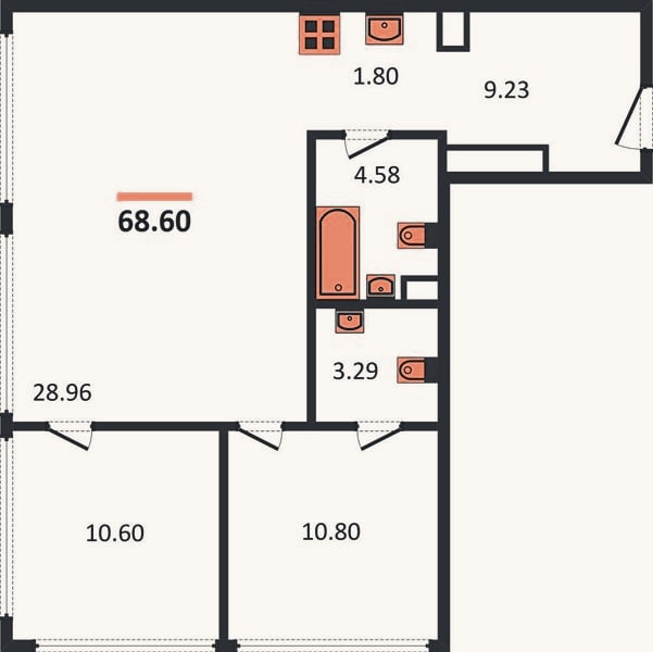 Планировка: 2-к, 68,6 м²