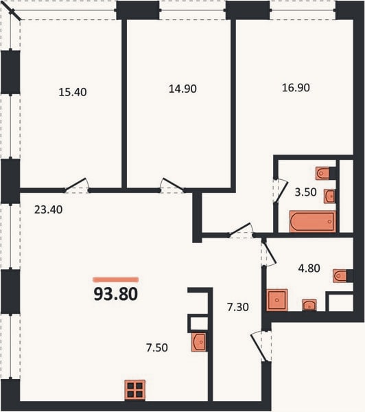 Планировка: 3-к, 93,8 м²
