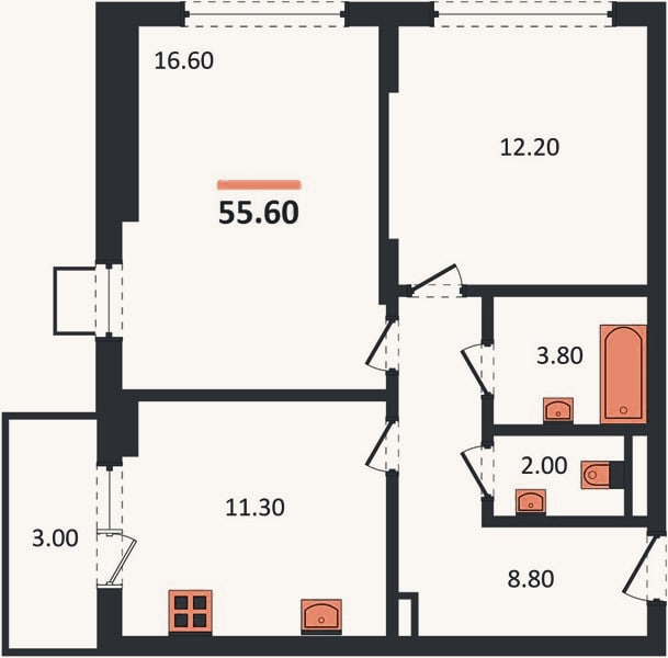 Планировка: 2-к, 55,6 м²