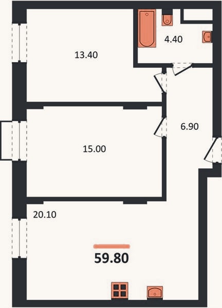 Планировка: 2-к, 59,8 м²