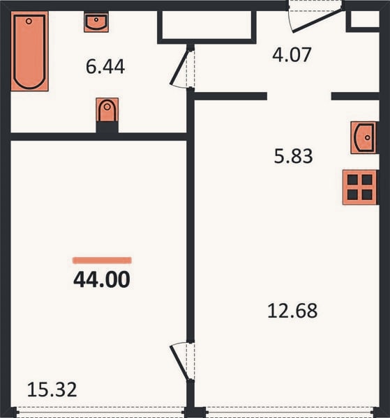 Планировка: 1-к, 44 м²