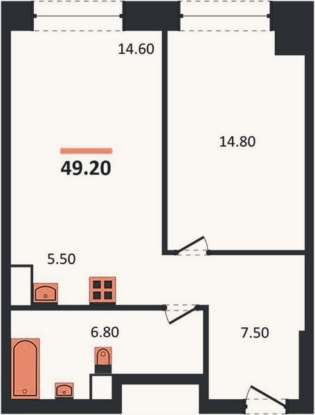 Планировка: 1-к, 49,2 м²