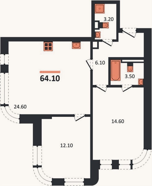 Планировка: 2-к, 64,1 м²