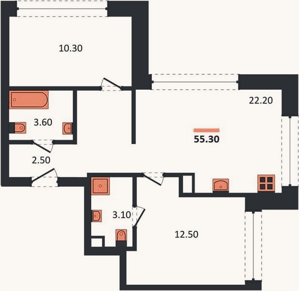 Планировка: 2-к, 55,3 м²