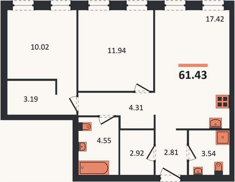 Планировка: 2-к, 61,4 м²