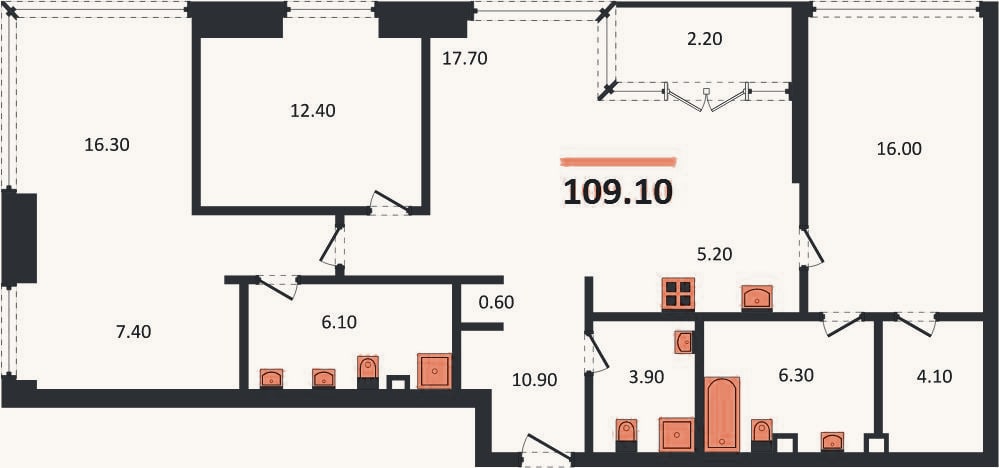 Планировка: 3-к, 109,1 м²