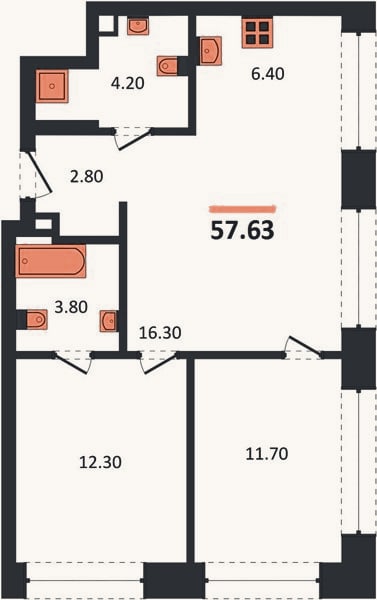 Планировка: 2-к, 57,6 м²