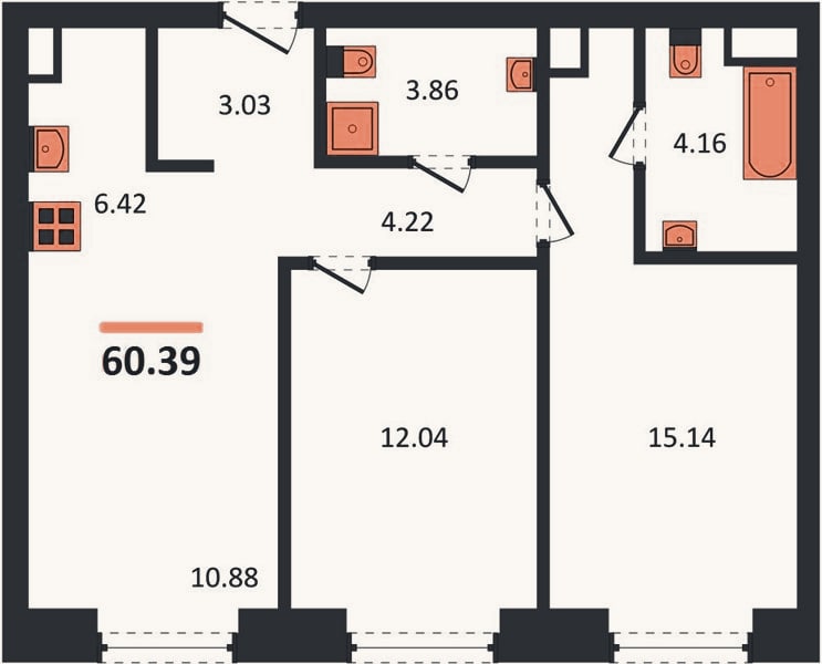 Планировка: 2-к, 60,4 м²