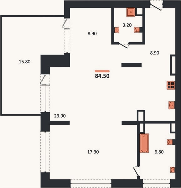 Планировка: 2-к, 84,5 м²