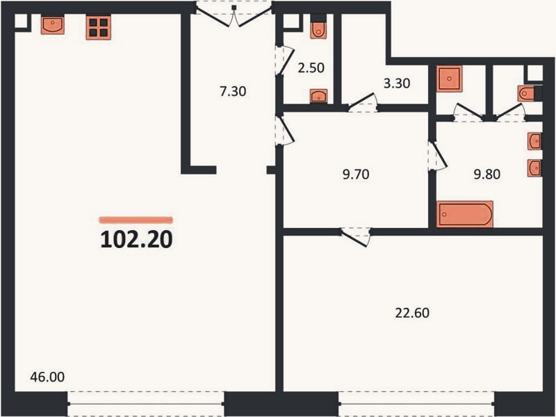 Планировка: 1-к, 102,2 м²