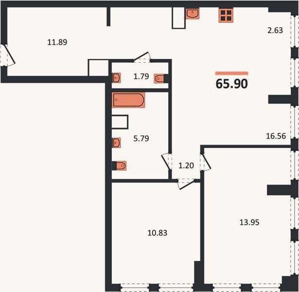 Планировка: 2-к, 65,9 м²