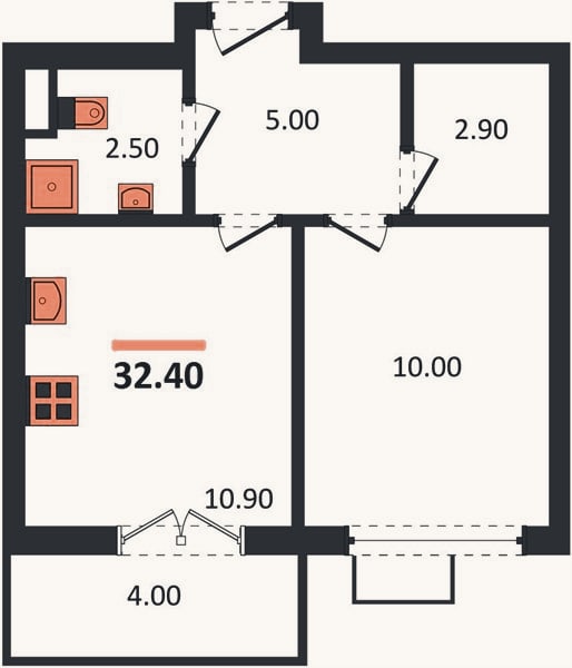 Планировка: 1-к, 32,4 м²