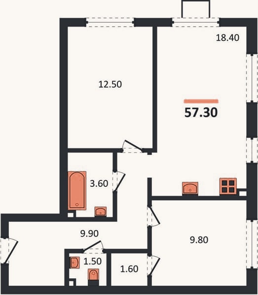Планировка: 2-к, 57,3 м²