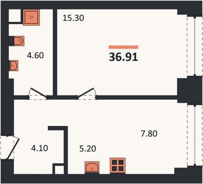 Планировка: 1-к, 36,9 м²