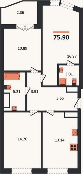Планировка: 3-к, 75,9 м²