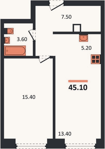Планировка: 1-к, 45,1 м²