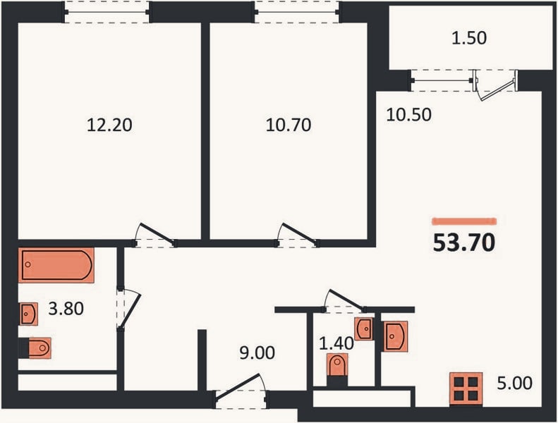 Планировка: 2-к, 53,7 м²