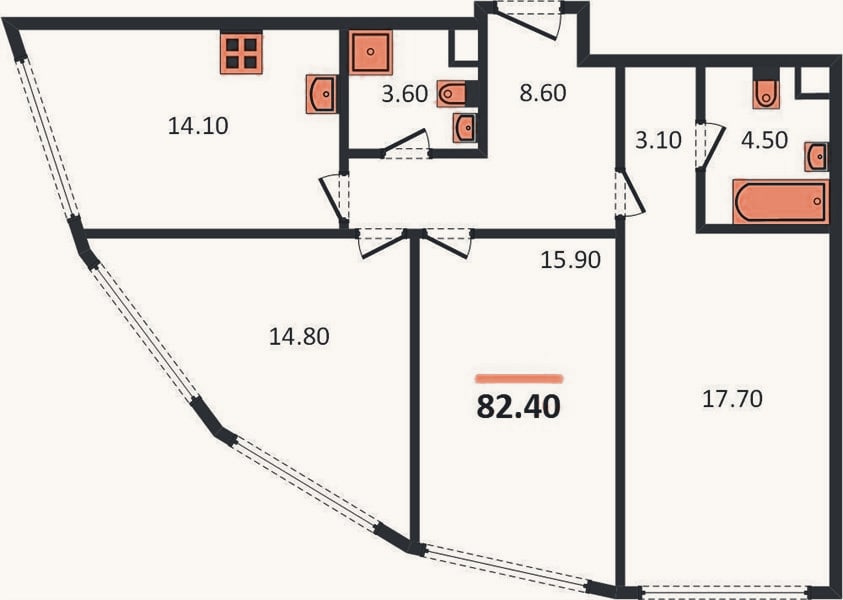 Планировка: 3-к, 82,4 м²