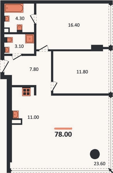 Планировка: 2-к, 78 м²