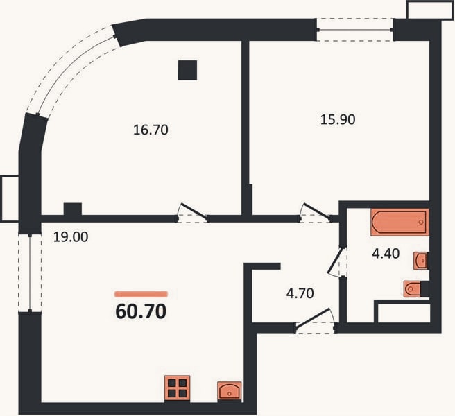 Планировка: 2-к, 60,7 м²