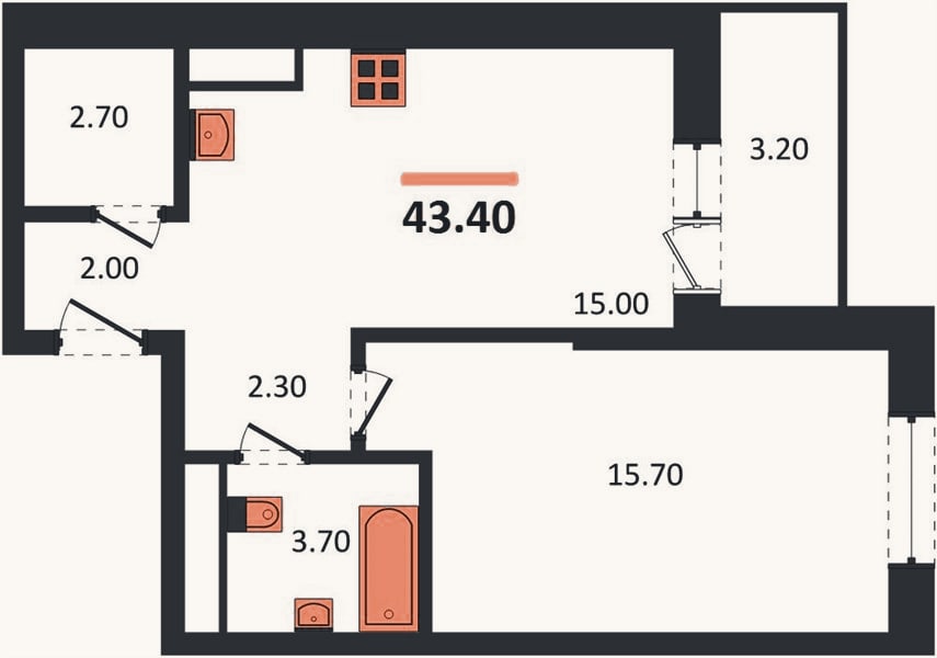 Планировка: 1-к, 43,4 м²