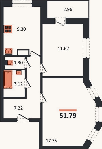 Планировка: 2-к, 51,8 м²