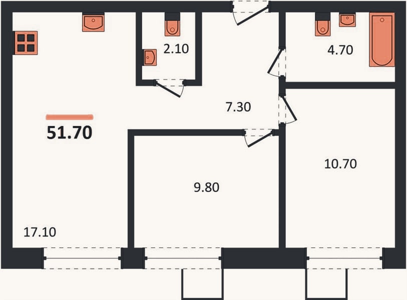 Планировка: 2-к, 51,7 м²