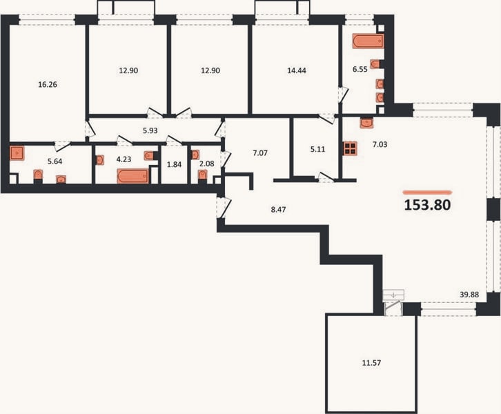 Планировка: 4+ к, 153,8 м²