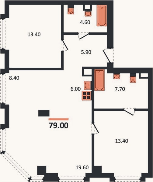 Планировка: 2-к, 79 м²