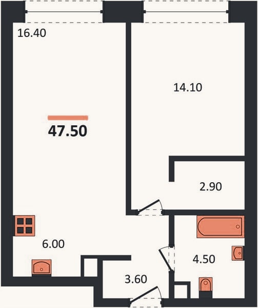 Планировка: 1-к, 47,5 м²