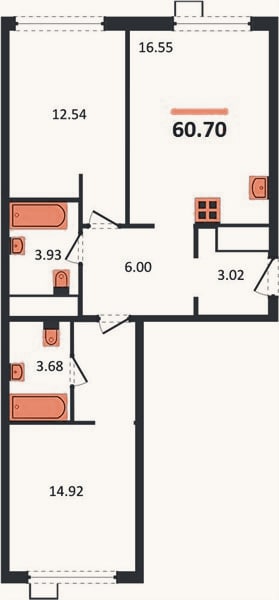 Планировка: 2-к, 60,7 м²