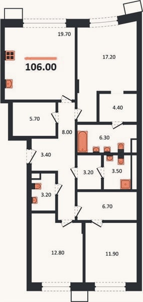 Планировка: 3-к, 106 м²