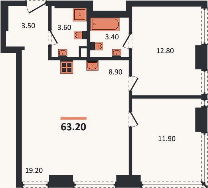 Планировка: 2-к, 63,2 м²