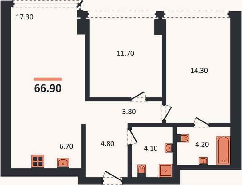 Планировка: 2-к, 66,9 м²