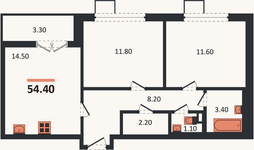 Планировка: 2-к, 54,4 м²