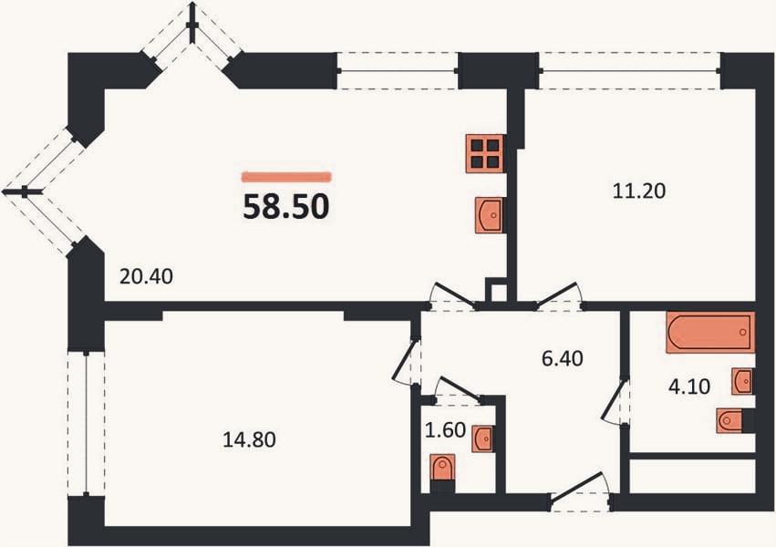 Планировка: 2-к, 58,5 м²