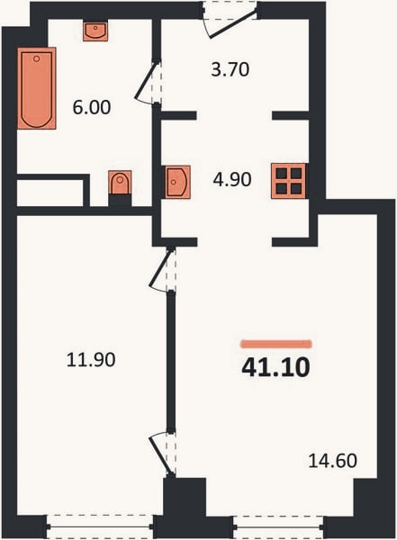 Планировка: 1-к, 41,1 м²