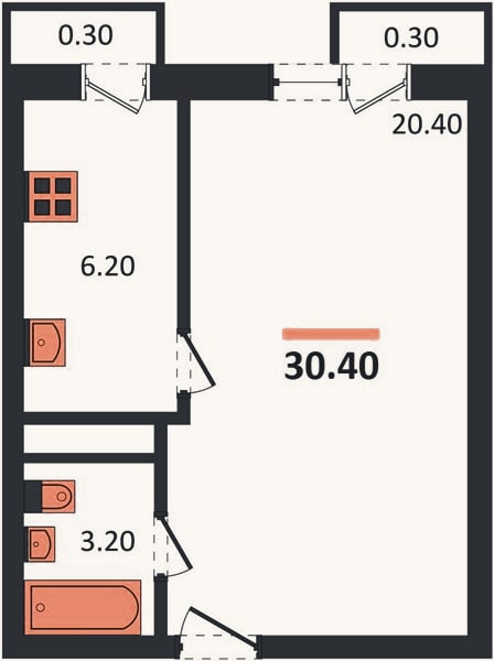 Планировка: 1-к, 30,4 м²