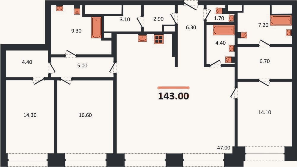 Планировка: 3-к, 143 м²