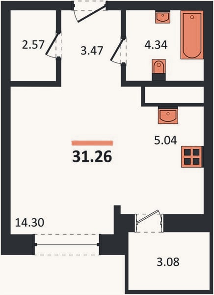 Планировка: Студия, 31,3 м²