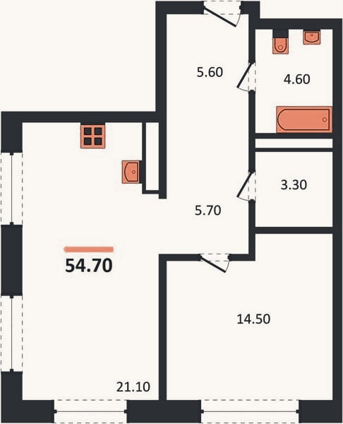 Планировка: 1-к, 54,7 м²