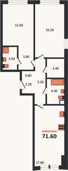 Планировка: 2-к, 71,6 м²