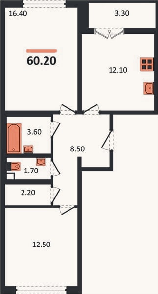 Планировка: 2-к, 60,2 м²